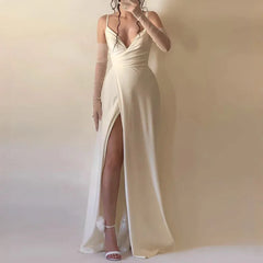 LIZAKOSHT  -  Women Sexy Sleeveless Backless Gowns Dress Elegant Deep V-neck Split Suspender Dress Summer Fashion Hight Waist Solid Long Dress