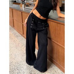 LIZAKOSHT  -  American Retro Wide Leg Sweatpants Women's Autumn Winter Multi-Button Elastic Waist Straight Loose Slimming Floor-Length Casual