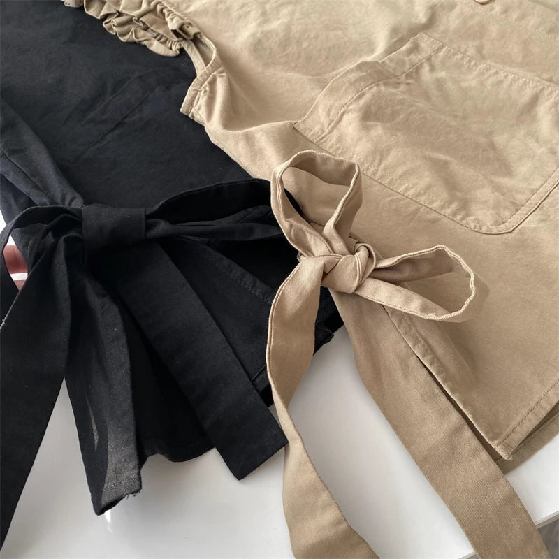 LIZAKOSHT  -  Gril Tie Wood Ear Side Cotton Waistcoat Side Bow Lace-Up Large Pocket Cardigan Coat Loose All-Matching Vest Woman