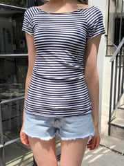 LIZAKOSHT  -  Navy Striped Slash Neck Slim T-Shirt Women New Raw Hem Short Sleeve Cotton Tees Summer Y2k Streetwear Vintage Tshirt Y2k Tops