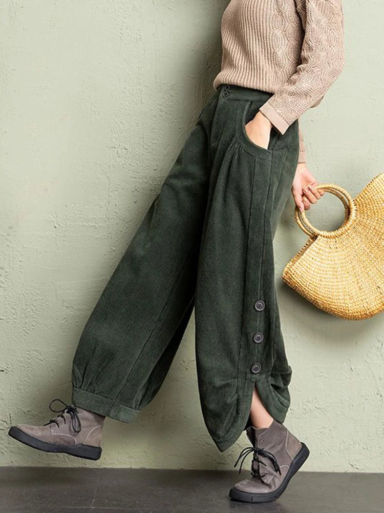 LIZAKOSHT  -  Korean Corduroy Women Pants Fall Winter Plush Warm Loose Casual Harem Trousers Retro High Waist Button Streetwear Wide Leg Pants