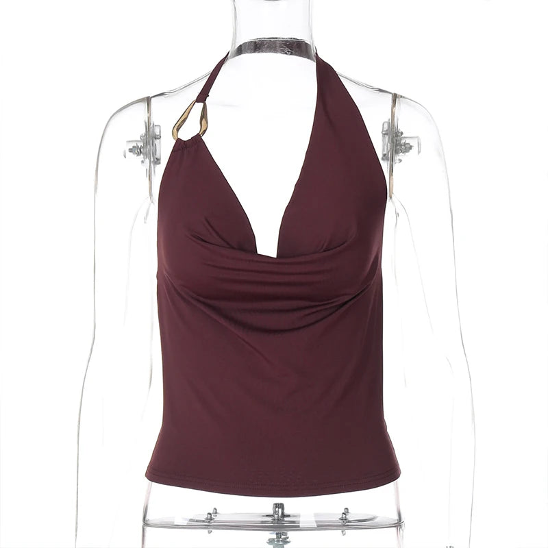 LIZAKOSHT  -  Halter Sleeveless Sexy Slim Fit V Neck Crop Tops 2025 Summer Backless Streetwear Y2k Style Fashion Camisole Clubwear