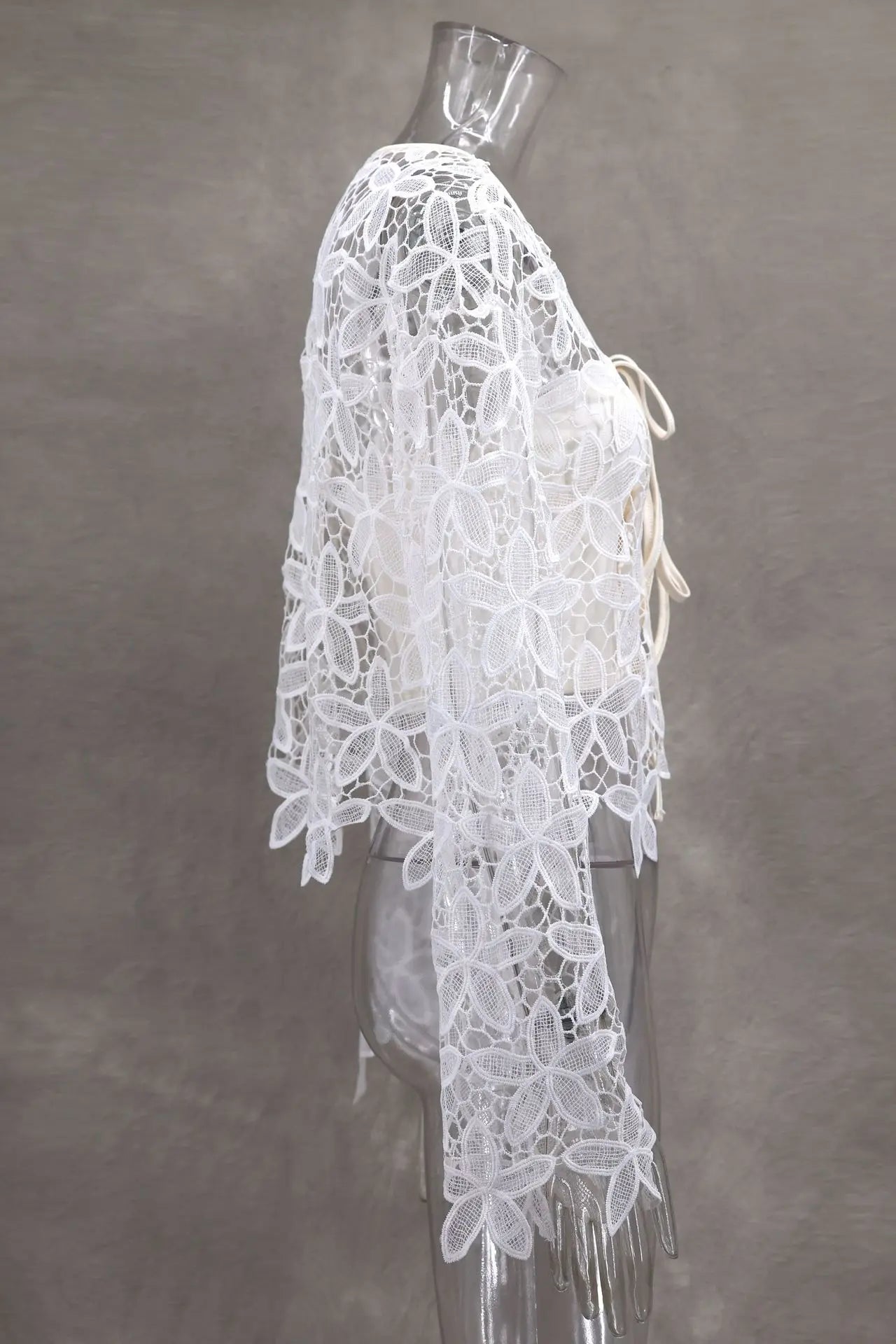 LIZAKOSHT  -  Cute Women's V-Neck Long Sleeve Cardigan Summer Sunscreen Casual White Color Versatile Hollow Lace-Up Design