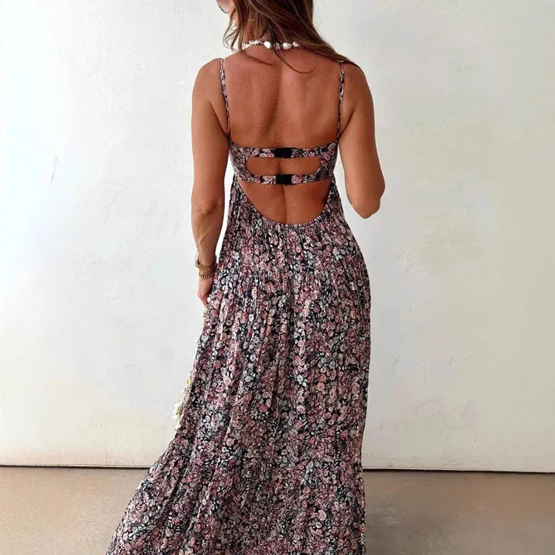 LIZAKOSHT  -  Women Elegant Floral Print Sling Dress Sexy Off Shoulder Backless Long Pleated Party Dress Fashion Hight Waist Swing Bohe Dress