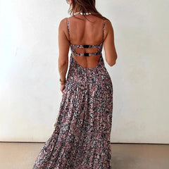 LIZAKOSHT  -  Women Elegant Floral Print Sling Dress Sexy Off Shoulder Backless Long Pleated Party Dress Fashion Hight Waist Swing Bohe Dress