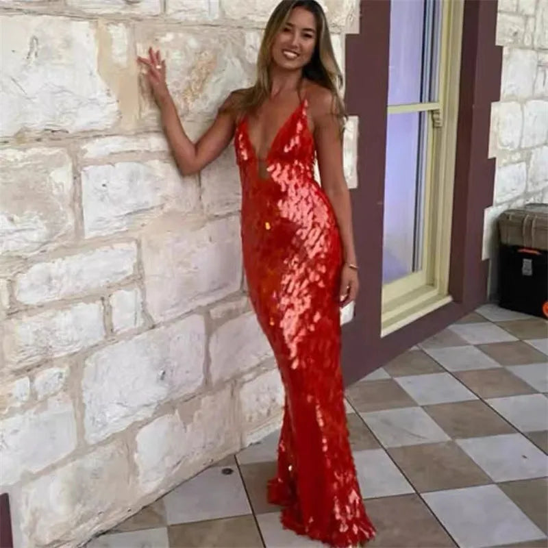 LIZAKOSHT  -  Glitter Sequins Spaghetti Straps Women's Long Maxi Dress Sleeveless Backless High Waist Sexy Evening Birthday Party Gown