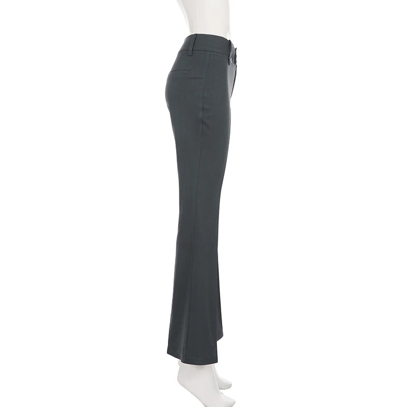 LIZAKOSHT  -   Women Low Waist Flare Suit Pants Double Button Slim Bootcut Trousers Solid Dark Gray Vintage Office Business Casual Streetwear