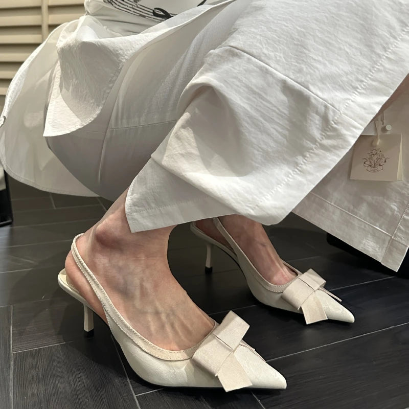 LIZAKOSHT  -  Bowknot Pointed Toe Thin Heel Women Sandals Elegant Satin Designer Heels Sexy Prom Backless Dress Shoes Zapatos De Mujer