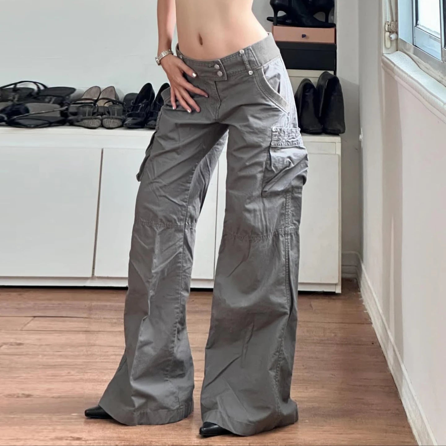 LIZAKOSHT  -  Chic Gray Cargo jeans Y2k Streetwear Casual Loose Denim Pants For Women Aesthetic 90s Low Waist Straight-leg Trousers
