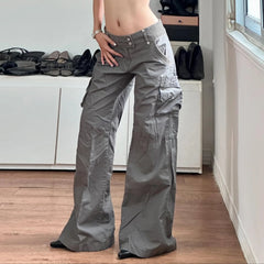 LIZAKOSHT  -  Chic Gray Cargo jeans Y2k Streetwear Casual Loose Denim Pants For Women Aesthetic 90s Low Waist Straight-leg Trousers