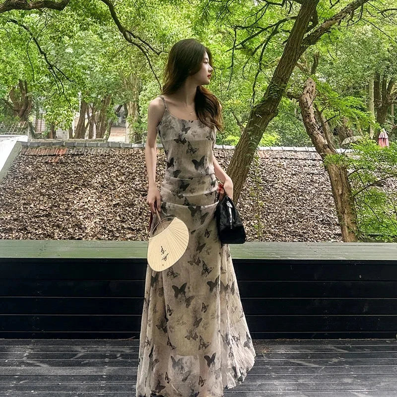LIZAKOSHT  -  Temperament Female Dress Womens New Fashion Sexy Sleevess Long Skirt Elegant Summer Ink Butterfly Floral Camisole Dresses