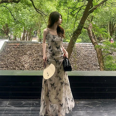 LIZAKOSHT  -  Temperament Female Dress Womens New Fashion Sexy Sleevess Long Skirt Elegant Summer Ink Butterfly Floral Camisole Dresses