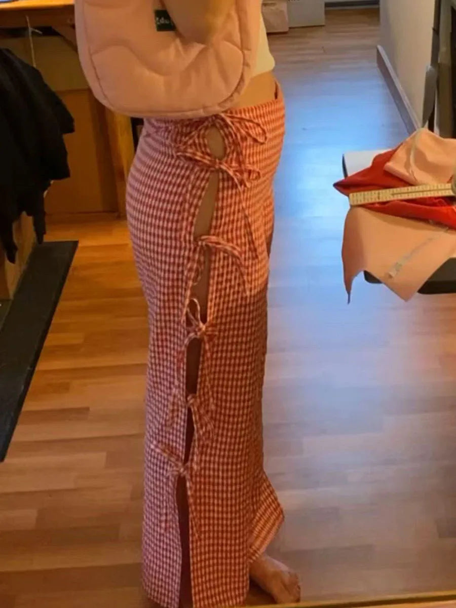 LIZAKOSHT  -  Women Wide-Leg Pants Plaid Side Tie-Up Hollow-Out Loose Trousers Spring Summer Casual Sweatpants Bottoms Leisure Daily