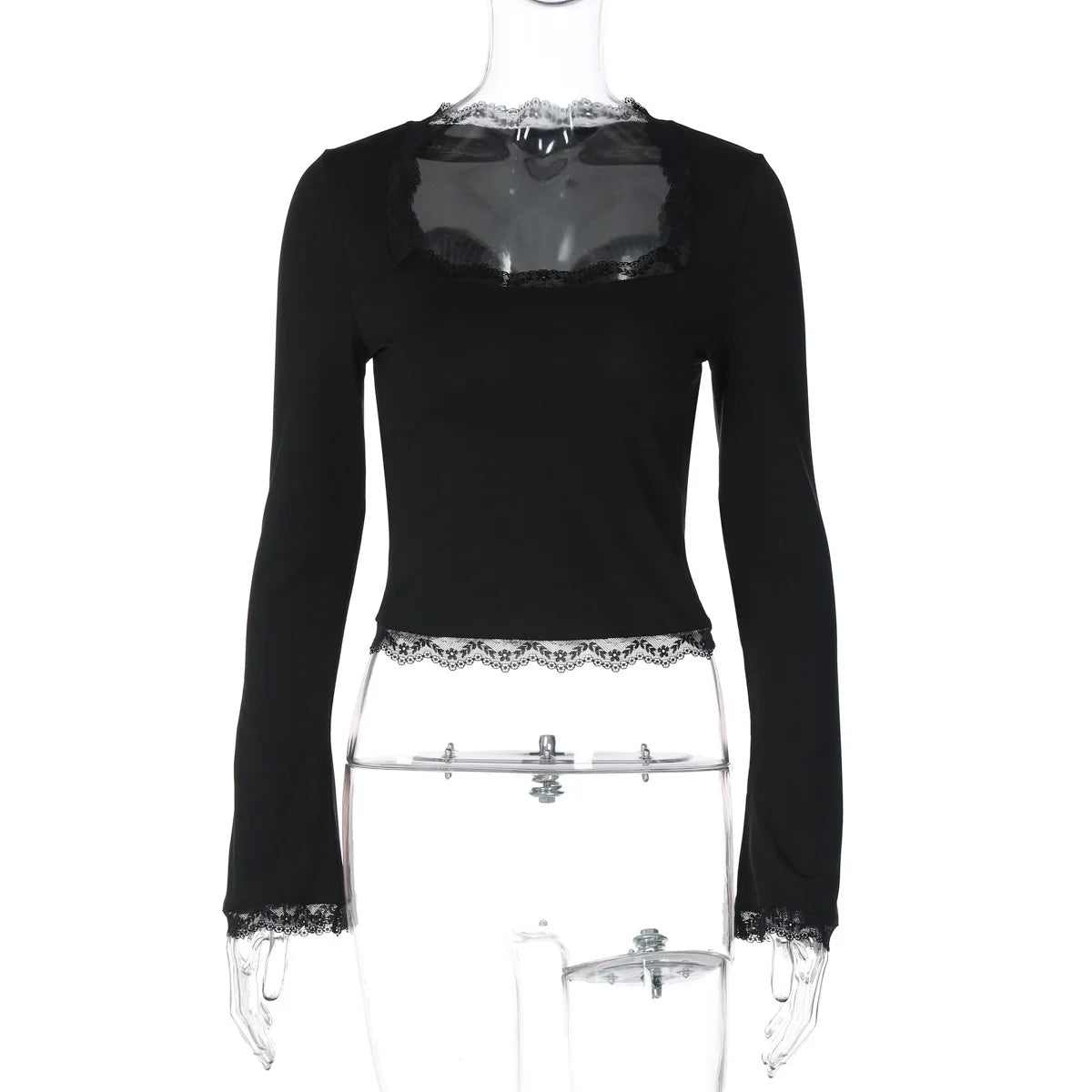 LIZAKOSHT  -  Lace Patchwork Long Sleeve T-shirts Streetwear Y2K Woman Clothes Casual Fashion Square Collar Slim Pink Tee Shirt Tops