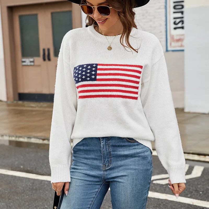 LIZAKOSHT  -  Fall Winter Sweater Women The American Flag Easter Independence Day New Year Top Pullover Jumper Jacket Long Sleeve 40927
