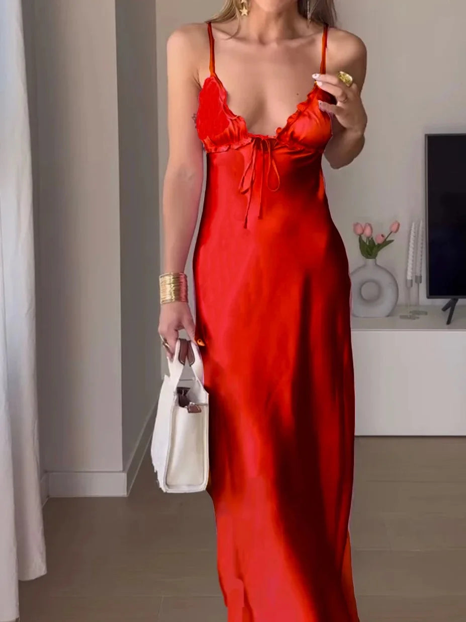 LIZAKOSHT  -  Summer Laminated Decorative Satin Texture Sling V-neck Dress Women Backless Red Long Party Dress Chic Female Evening Mujer