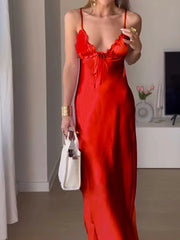 LIZAKOSHT  -  Summer Laminated Decorative Satin Texture Sling V-neck Dress Women Backless Red Long Party Dress Chic Female Evening Mujer