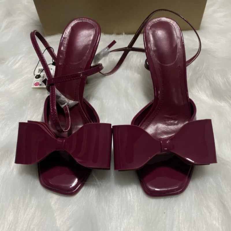 LIZAKOSHT  -  Brand Open Toe Women High Heels Sandals Patent Leather Large Bow Decoration Ankle Strap Wedding Bridal Dress Shoes for Ladies