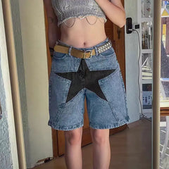 LIZAKOSHT  -  Denim Short Pants Five-Pointed Star Patch Knee Length Mid Waist Patchwork Pockets Print Washing 2024 Streetwear Women Jeans