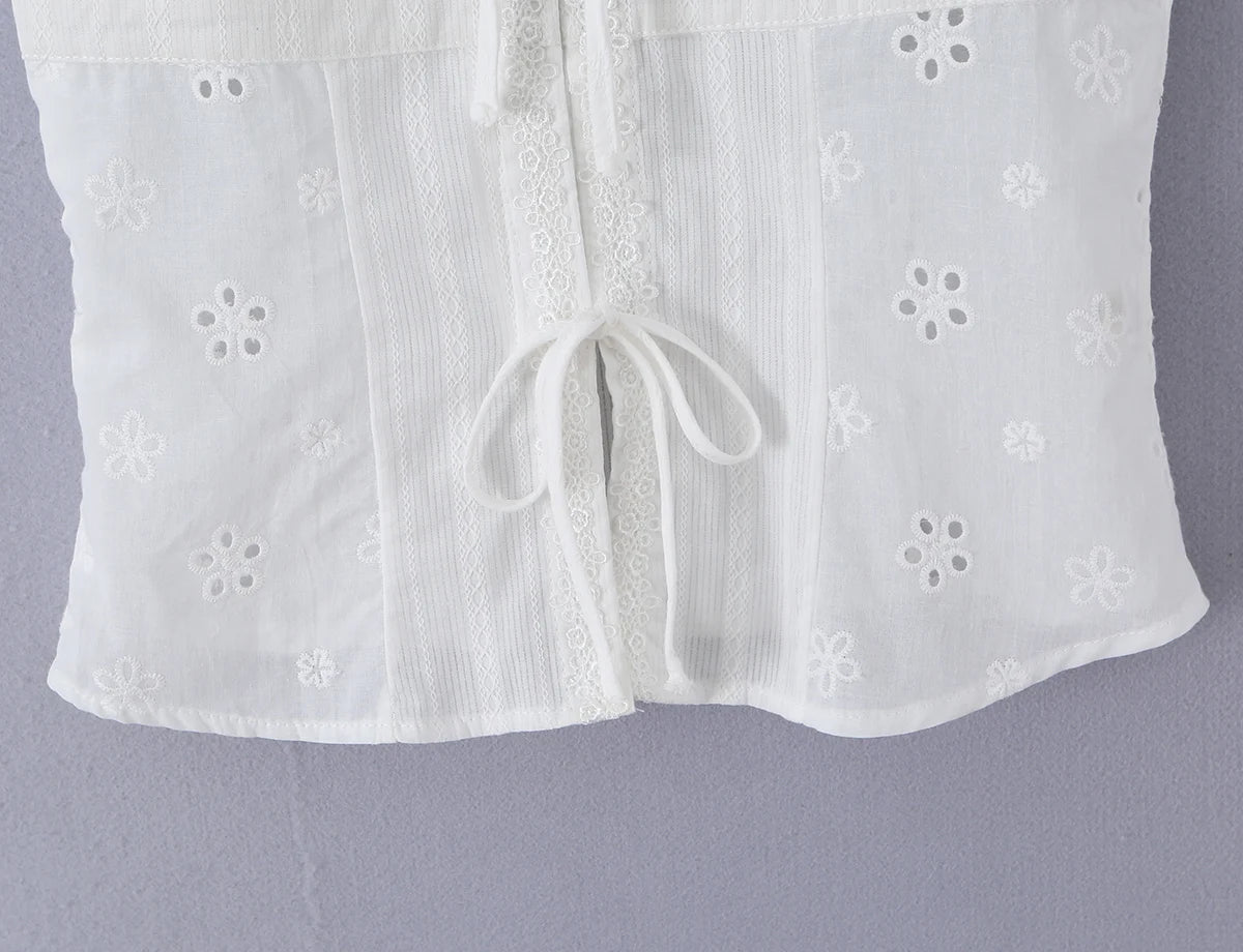 LIZAKOSHT  -  CHIC White Embroidery Flower Hole Lapel V Collar Short Puff Sleeve Shirt Women Bow Lacing Up Front Side Zipper Blouse Crop Tops