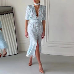 LIZAKOSHT  -  Chic Lace Trimmed Printed Dress Women Elegant Deep V-neck Waist Cinching Split Short Sleeve Maxi Dress Lady Party Vestidos