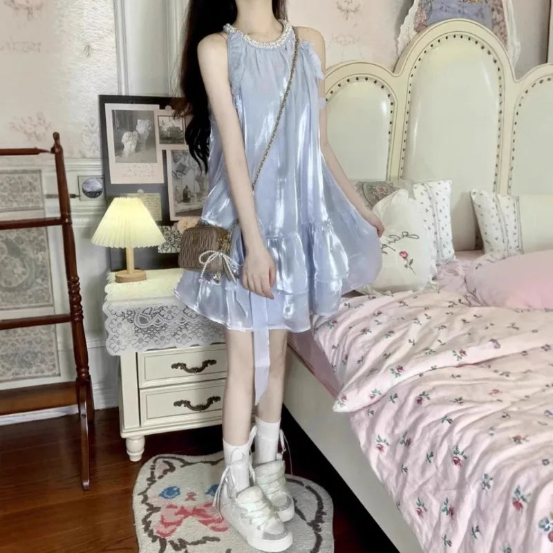 LIZAKOSHT  -  Women's Sweet Fairy Halter Neck Mini Dress French Style Sleeveless Ruffle Dress for Petite