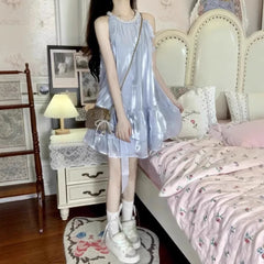 LIZAKOSHT  -  Women's Sweet Fairy Halter Neck Mini Dress French Style Sleeveless Ruffle Dress for Petite