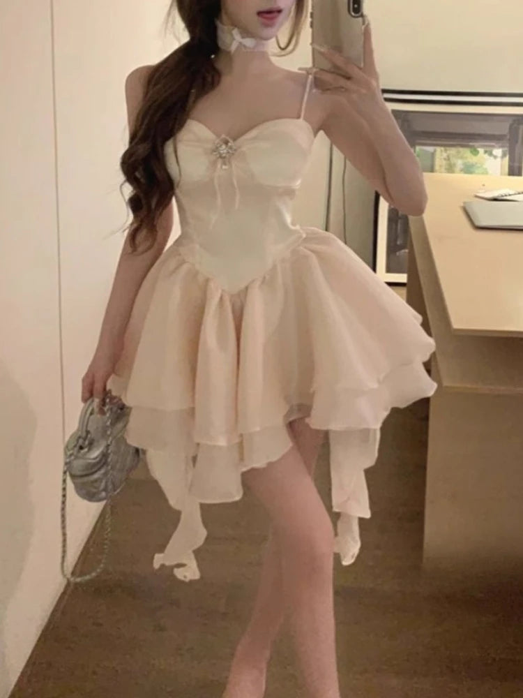 LIZAKOSHT  -  French Luxury Sweet Dress Women Slim Fit Waist Cinched Spaghetti Strap Puff Mini Dress Birthday Party Princess Fashion Clothes