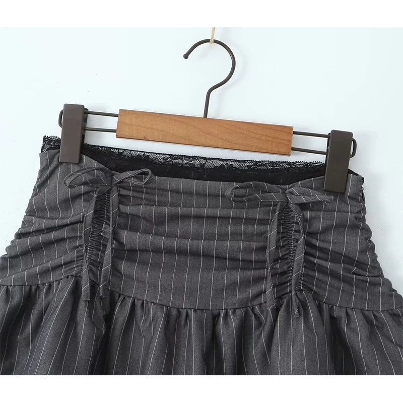 LIZAKOSHT  -  Y2K Cool Girls Drawstring Striped Mini Skirts Women Sexy Low Waist Lace Trim Summer Skirts