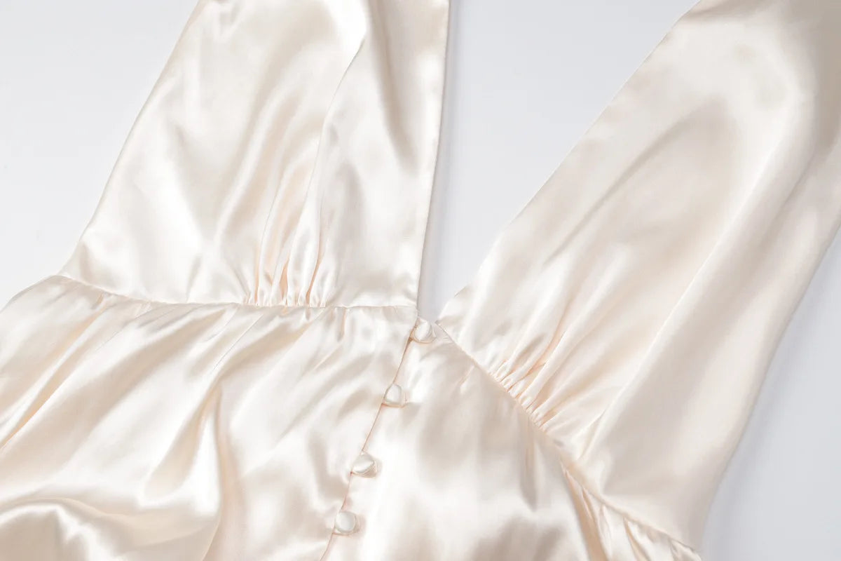 LIZAKOSHT  -  Sexy Deep V-neck Backless Champagne Party Club Dresses Women Halter Bandage Sleeveless Tunics Buttons Short Evening Dress