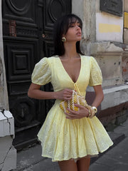 LIZAKOSHT  -  Summer New Women's Cotton Embroidered Dress Bubble Sleeve V-neck Mini Skirt  Slimming Waist Dresses