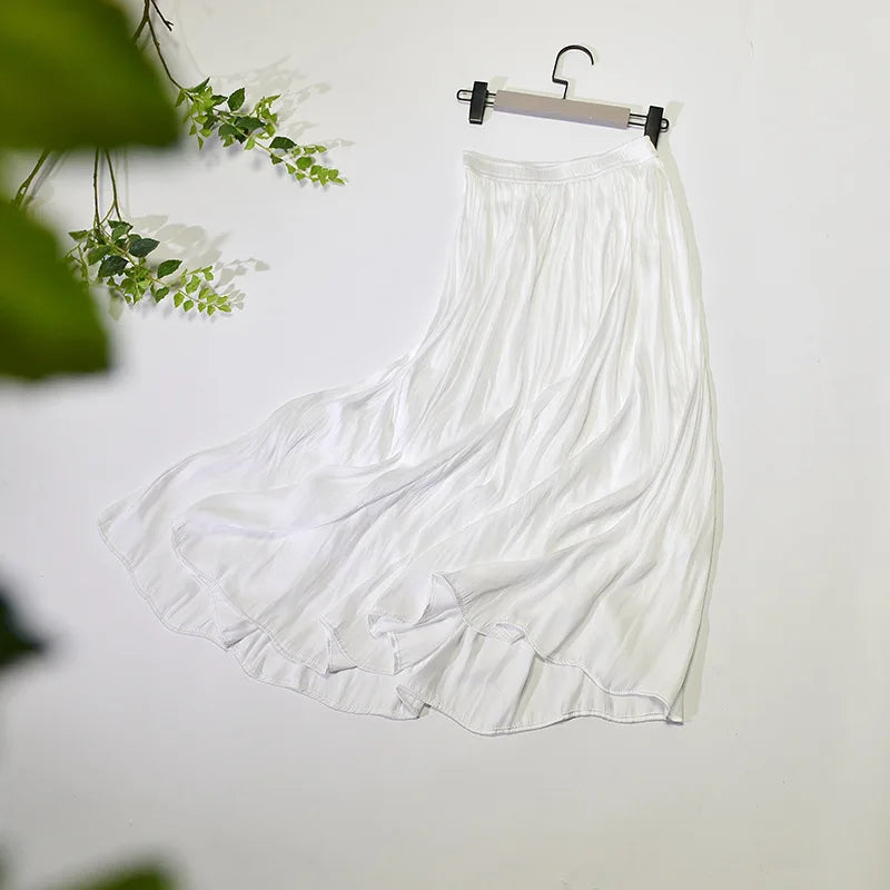 LIZAKOSHT  -  Summer Silky Elastic High Waist Glossy Silky Long Skirt Milk Silk A-line Long Skirts Women Beach Pearlescent Dress