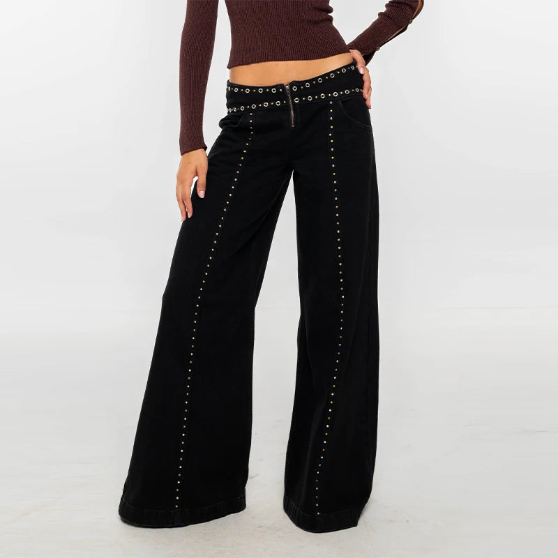 LIZAKOSHT  -  Street Cool Black Rivet Hole Jean Women Vintage Mid-Waist Long Pants Fashion Y2K Zipper Denim Trouser Straight Leg Jeans