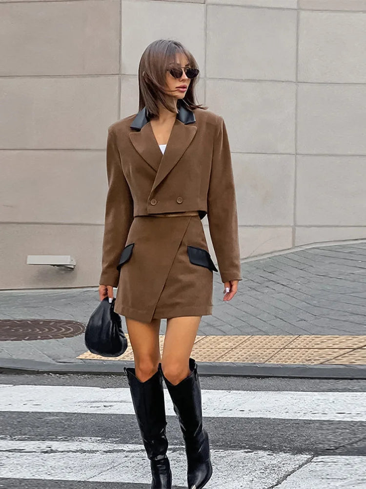 LIZAKOSHT  -  Irregular Mini Skirts Short Coats 2 Piece Set Woman Wrap Buttock Long Sleeve Turn-Down Collar Tops Slim Sexy Fashion Out Suits