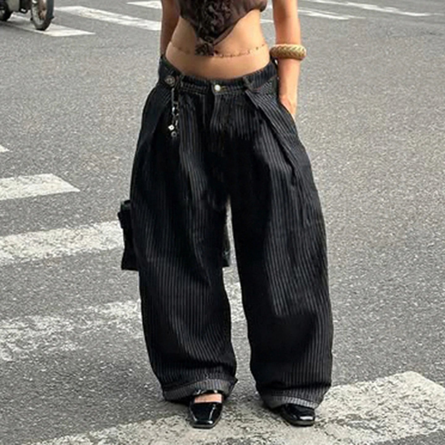 LIZAKOSHT  -  Women Striped Relaxed Fit Jeans Retro Low Rise Wide Leg Denim Pants Grunge Loose Trousers Spring Y2K Clothes