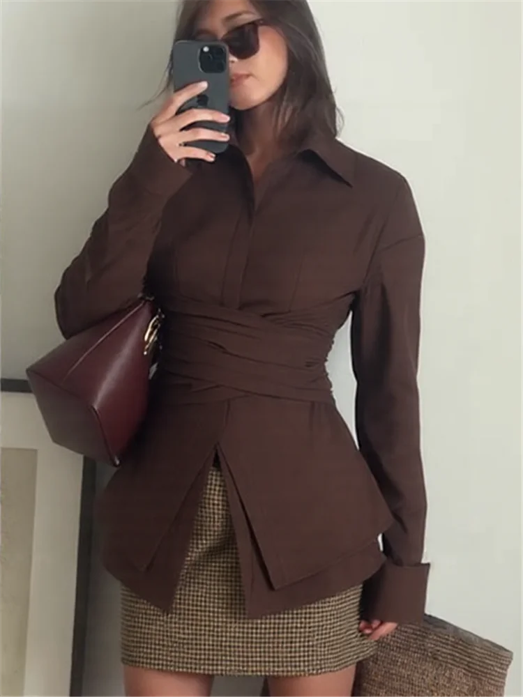 LIZAKOSHT  -  Chic Waist Cinching Lapel Shirt Woman Solid Color Irregular Hem Long Sleeves Slim Top Casual Commuting Versatile Women's Shirts