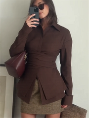LIZAKOSHT  -  Chic Waist Cinching Lapel Shirt Woman Solid Color Irregular Hem Long Sleeves Slim Top Casual Commuting Versatile Women's Shirts