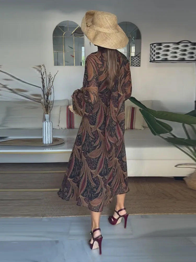 LIZAKOSHT  -  Fashion Boho Floral Print Maxi Dress For Women Elegant V-neck Long Sleeve A-line Dress With Scarf Lady Spring Chic Robes