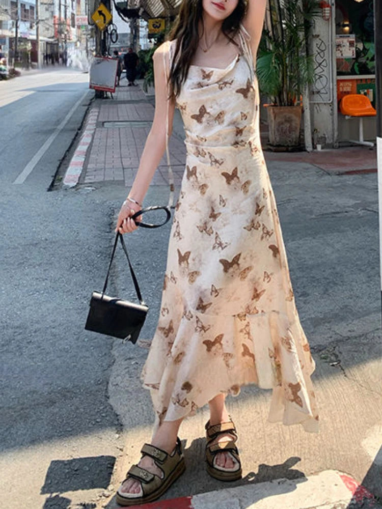 LIZAKOSHT  -  Summer Japanese Elegant Party Midi Dress Women Irregular Sweet Lace Suspender Dress Female Slim Korean Casual Strappy Dress