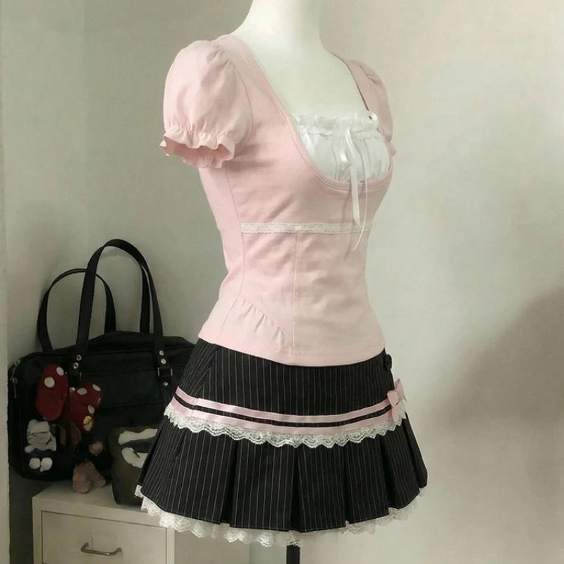 LIZAKOSHT  -  Y2k Harajuku Vintage Sweet Slim 2 Piece Skirt Sets Kawaii Short Sleeve Tops + Bow Patchwork Cake Mini Skirts 2000s Lolita Suits