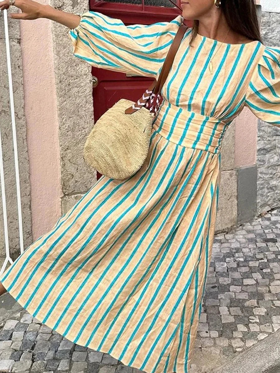 LIZAKOSHT  -  Women Fashion Midi Dress Vintage Striped Print Contrasting Lantern Sleeve Backless Tie-up Waist A-Line Dress Casual Streetwear