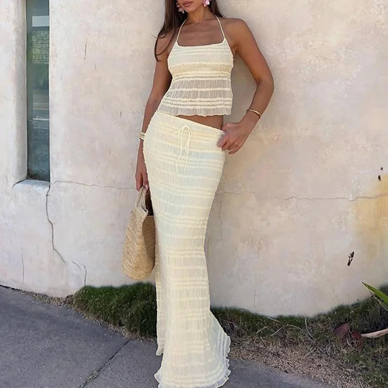 LIZAKOSHT  -  Ladies Sexy Backless Halter Blouse&Drawstring Skirts Set 2025 Solid Color Two Piece Chiffon Outfit 2025 Women Slim Vacation Suit