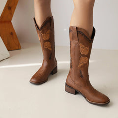 LIZAKOSHT  -  New Retro Embroidered Butterfly Western Cowboy Boots Square Head Thick Heel Thin Knight Boots Large Size Women's Boots 35&46