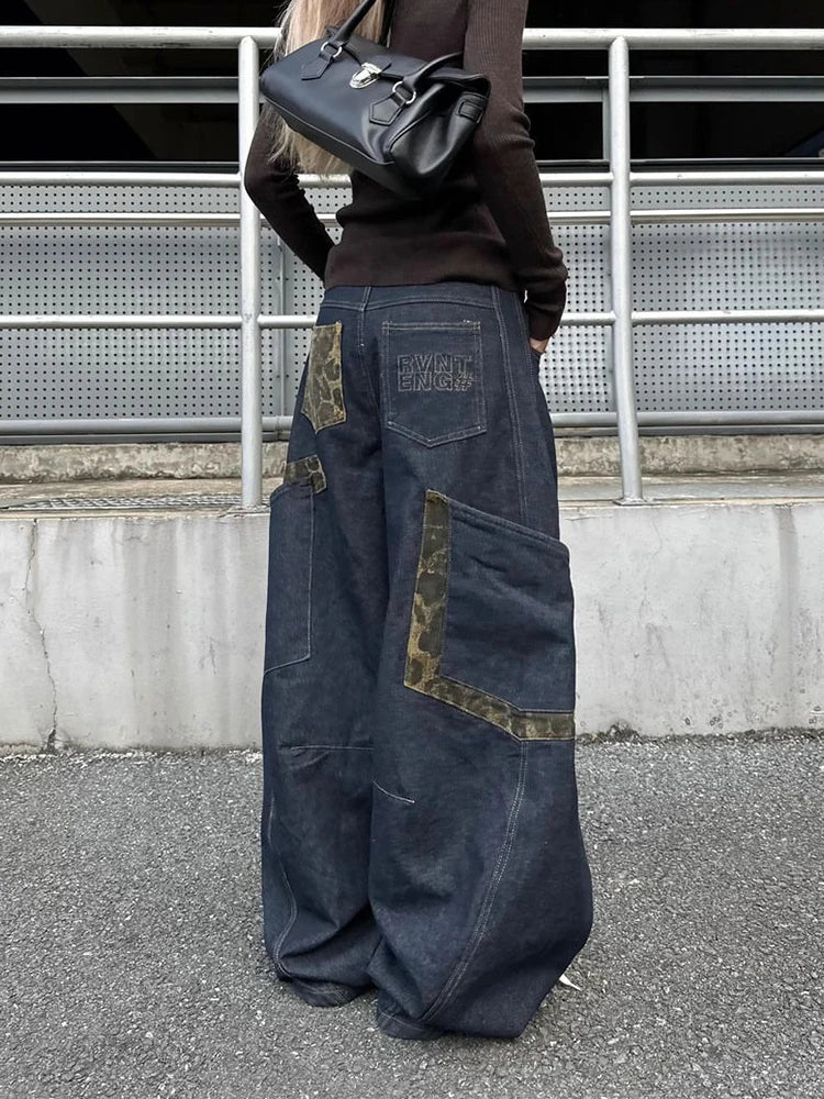 LIZAKOSHT  -  Women Streetwear Wide Leg Jeans Harajuku Camouflage Leopard Patchwork Denim Pants American Vintage Hottie Y2K Machete Trousers