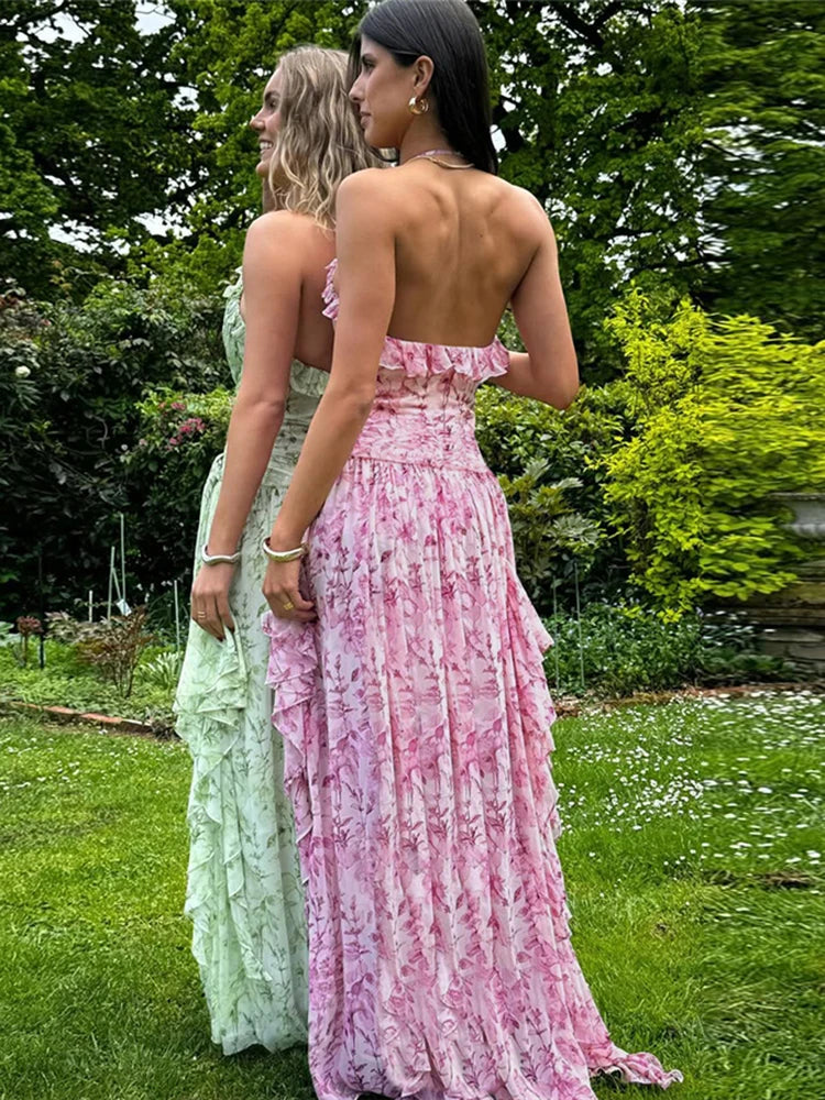 LIZAKOSHT  -  Pleated Trim Dresses Women Hipster Popular Halter V-neck Stacked Irregular Maxi Bodycon Mujer Elegant High Street Frock