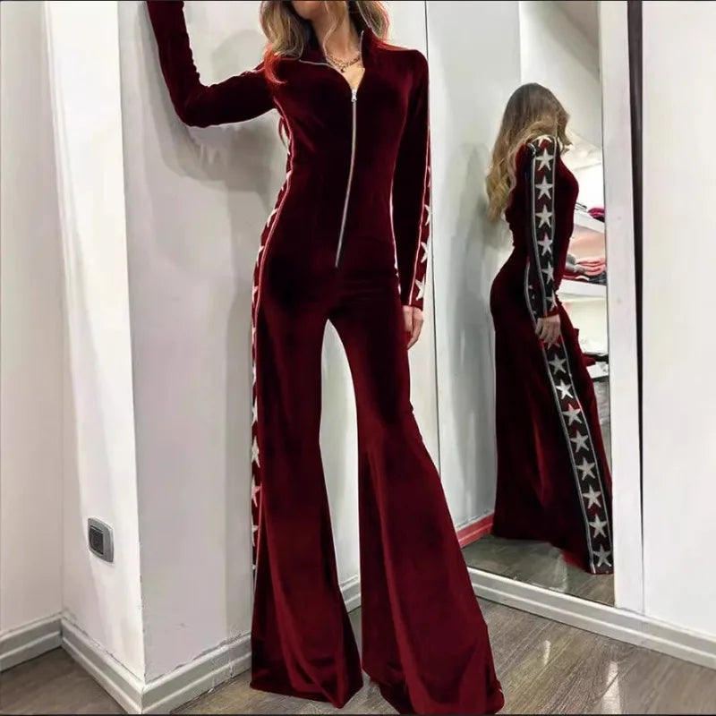 LIZAKOSHT  -  Fashion Velvet Splicing Print Long Sleeve Wide Leg Jumpsuit