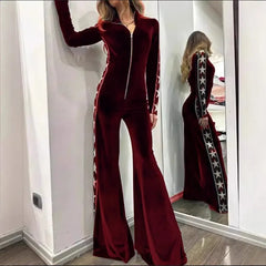LIZAKOSHT  -  Fashion Velvet Splicing Print Long Sleeve Wide Leg Jumpsuit