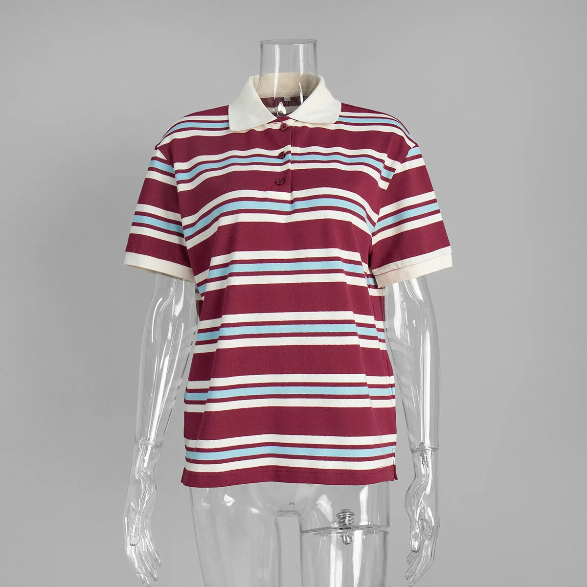 LIZAKOSHT  -  Women Summer Short Sleeve T Shirts Polo Neck Striped Design 95% Cotton Tees Summer Tops For Women Clothes