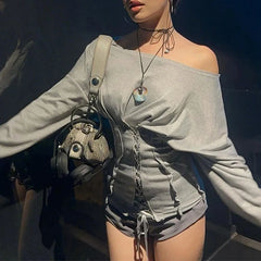 LIZAKOSHT  -  Irregular Diagonal Collar Long Sleeve Skinny Criss-cross Lace Up Fashion Solid Color Long Sleeve Tops Women Sexy Streetwear