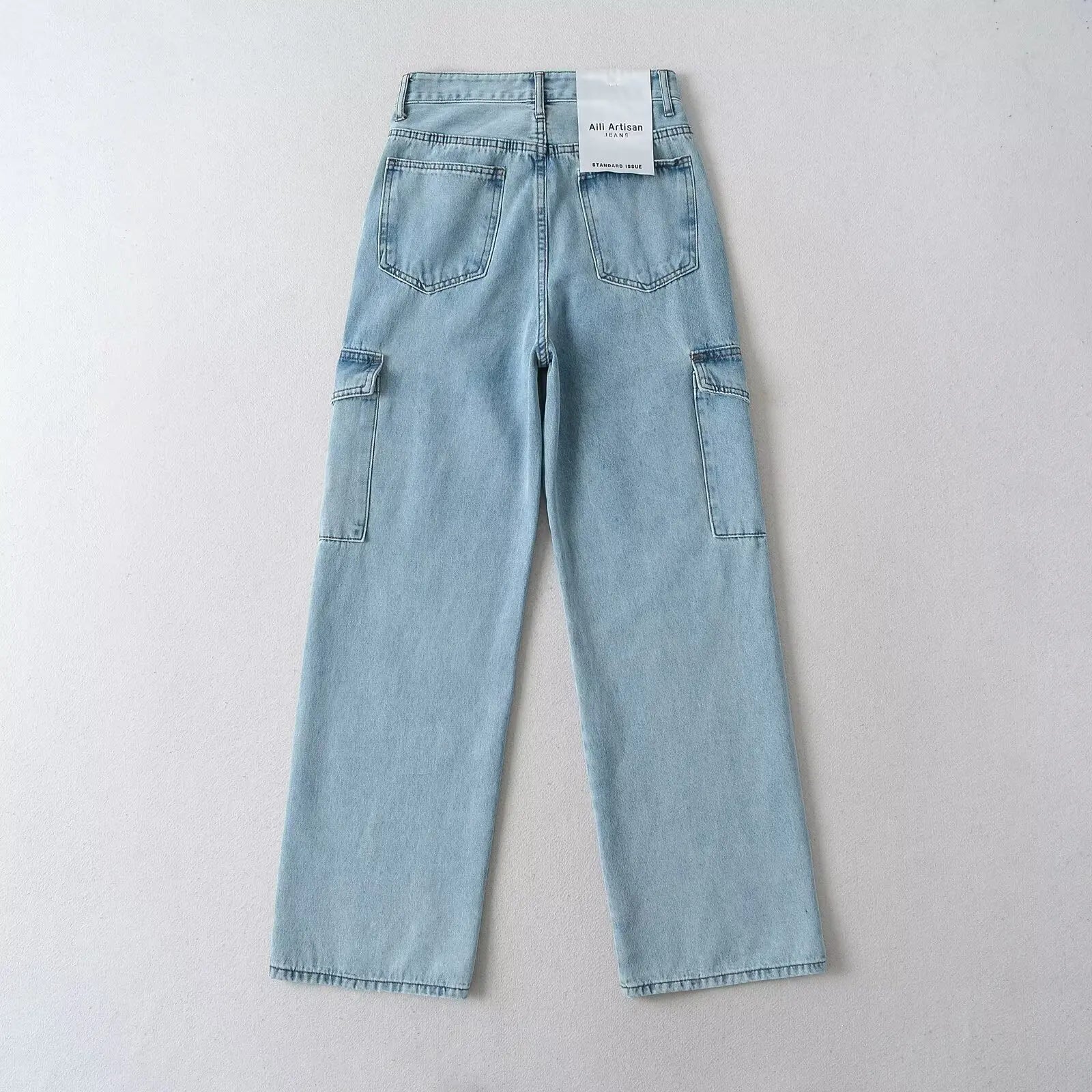 LIZAKOSHT  -  Retro Washed Workwear High Wasit Straight Casual Jeans Women Boyfriend Mom Pockets Cargo Denim Pants Jeans